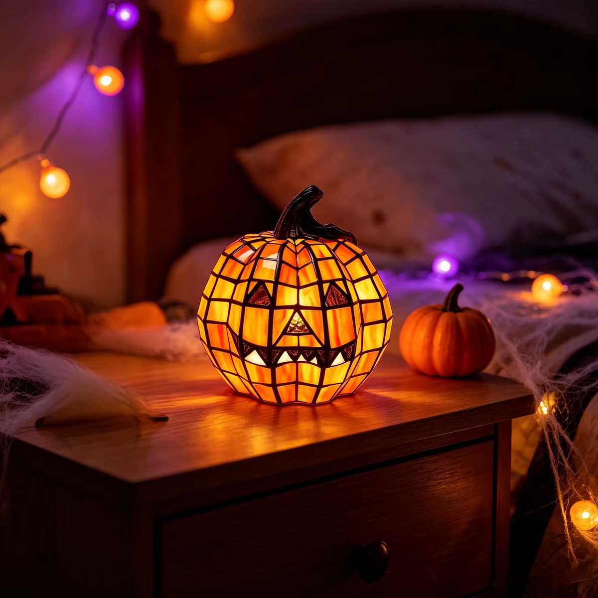 Mosaic pumpkin lamp glowing on a bedside table in a bedroom decorated for Halloween with string lights and a small pumpkin