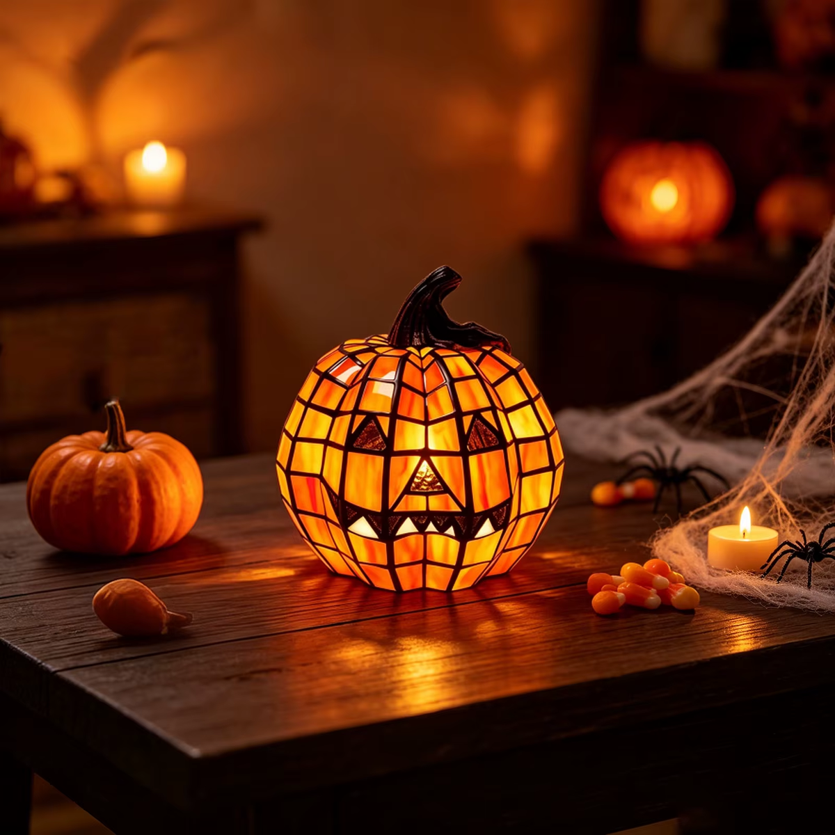 Lit mosaic jack-o'-lantern lamp on a dark wooden table with a small pumpkin, candy corn and a candle
