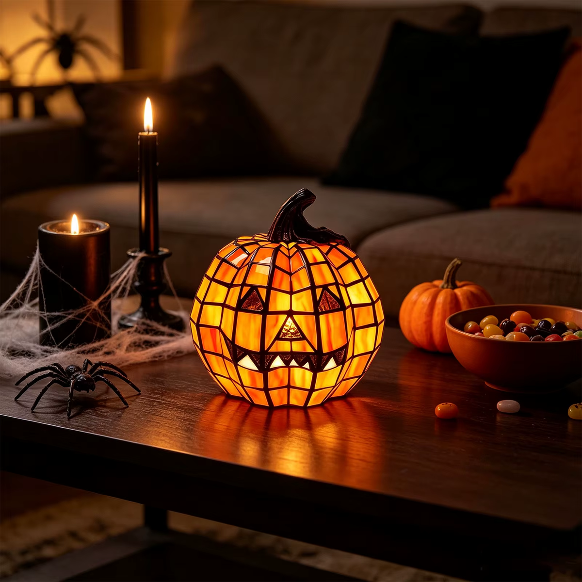 Mosaic pumpkin lamp glowing on a coffee table in front of a sofa, between black candles and a bowl of sweets