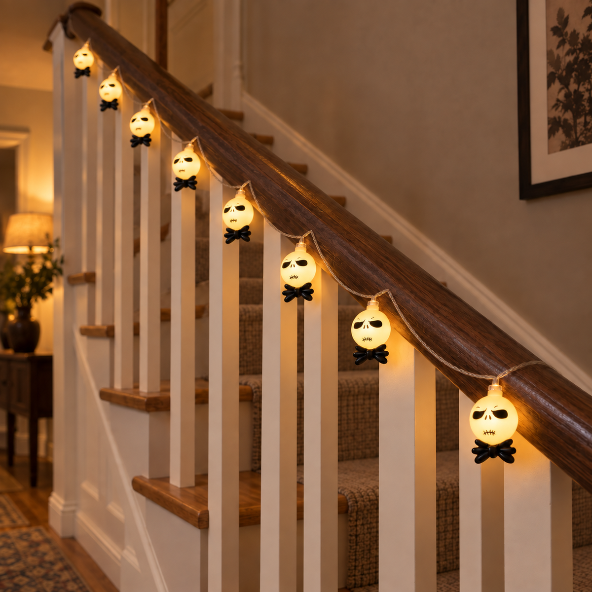 White string light heads with black bow ties, lit warm and hanging along a wooden stair banister in the evening