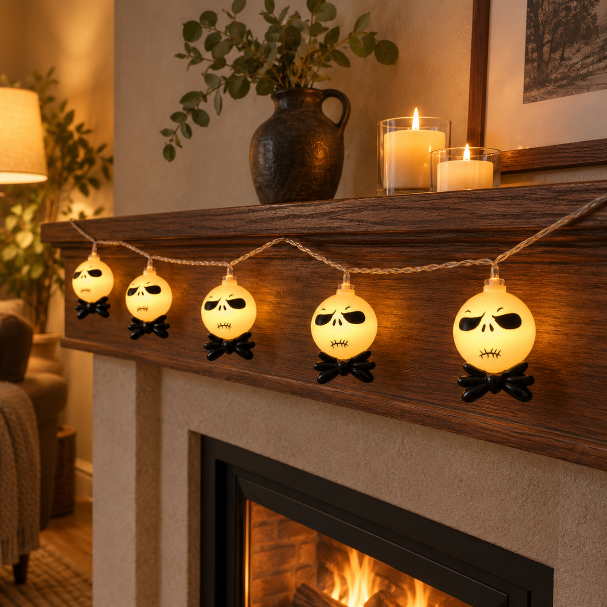 Five white string light heads with black bow ties, lit warm and hanging along a walnut mantel in the evening