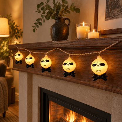 Five white string light heads with black bow ties, lit warm and hanging along a walnut mantel in the evening