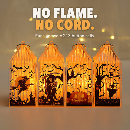 Four mini Halloween lanterns glowing in a row, with the words No flame, no cord, runs on two AG13 button cells