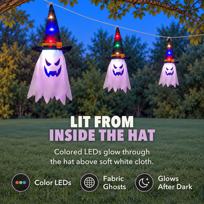 Close view of a glowing witch hat ghost with colored lights inside its black hat, with the words Lit from inside the hat