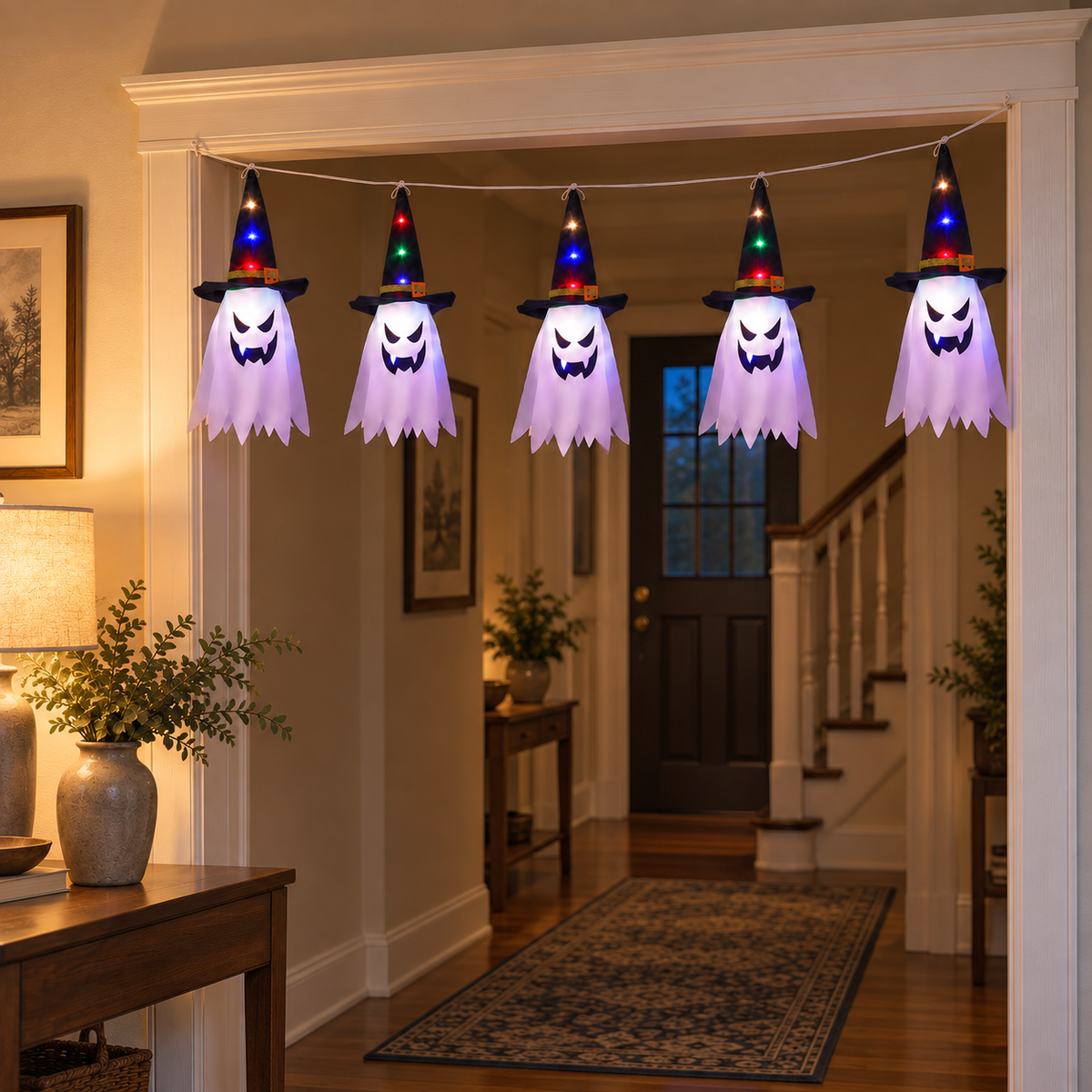 Five glowing witch hat ghosts hanging across a living room doorway in the evening
