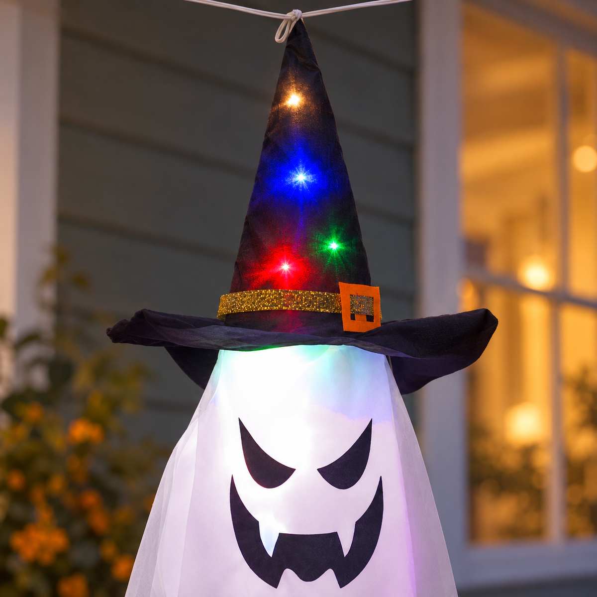 Close-up of a witch hat ghost light showing colored lights inside the black hat, a gold band and an orange buckle