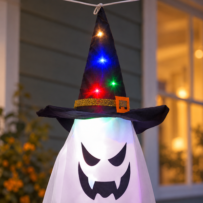 Close-up of a witch hat ghost light showing colored lights inside the black hat, a gold band and an orange buckle