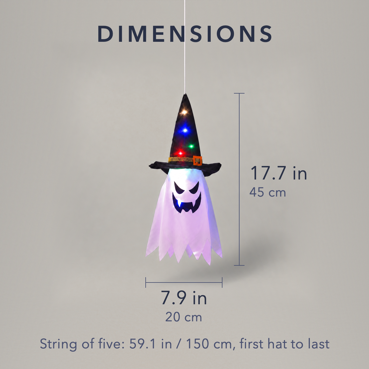 Witch hat ghost light dimensions, 17.7 in tall and 7.9 in wide, string of five 59.1 in