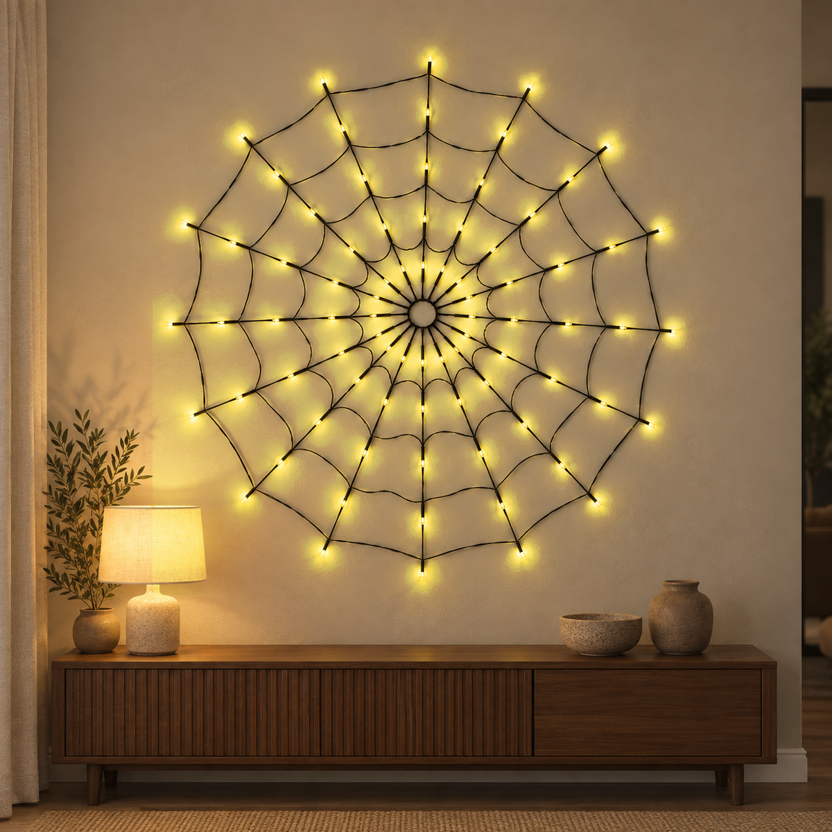 Spider web light glowing warm white on a living room wall above a walnut console in the evening