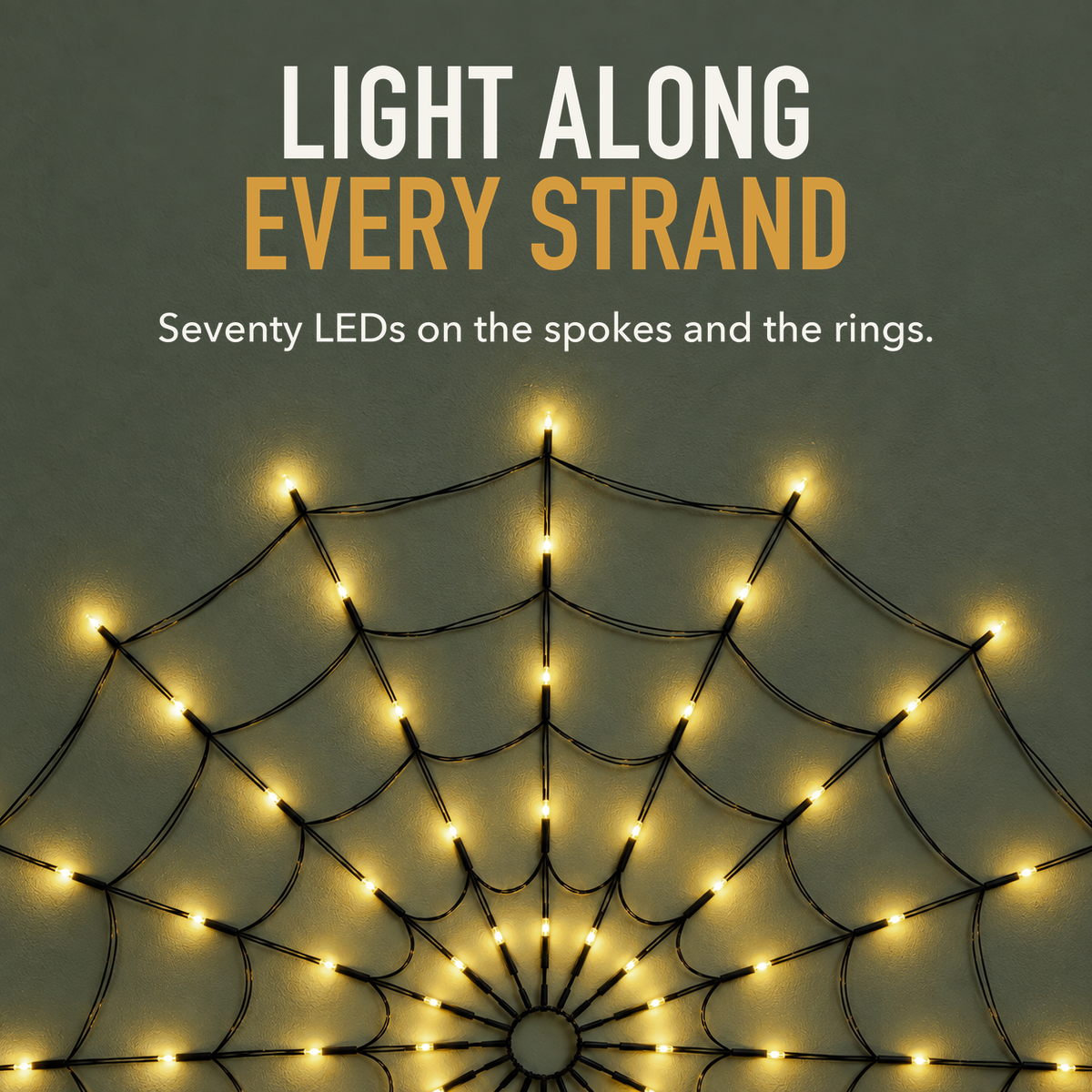Text image: Light along every strand. Close view of a warm white spider web light's black wire spokes and LEDs on a green wall