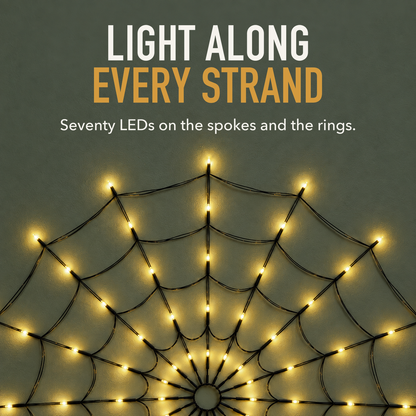 Text image: Light along every strand. Close view of a warm white spider web light's black wire spokes and LEDs on a green wall
