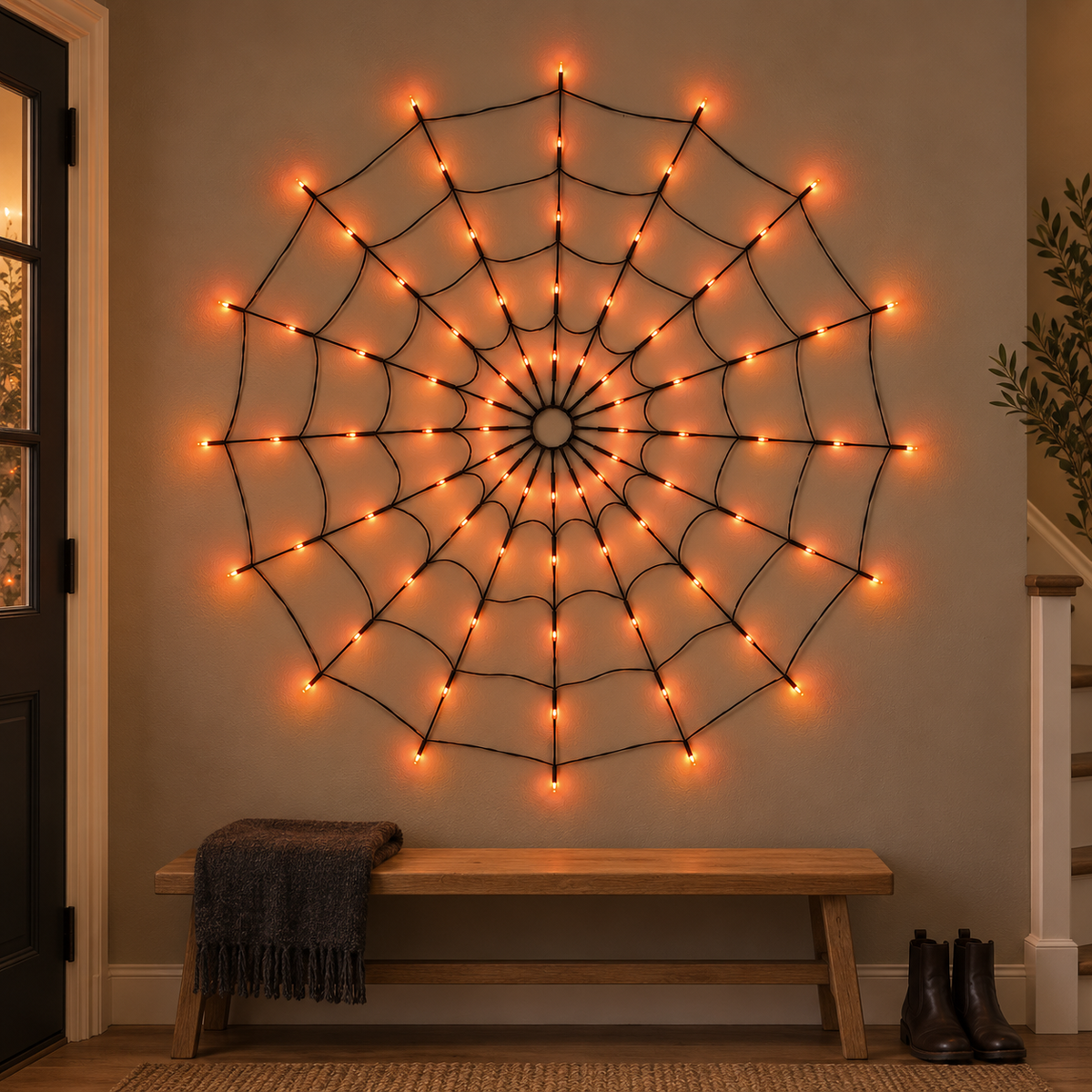 Spider web light glowing orange on an entrance hall wall above an oak bench in the evening
