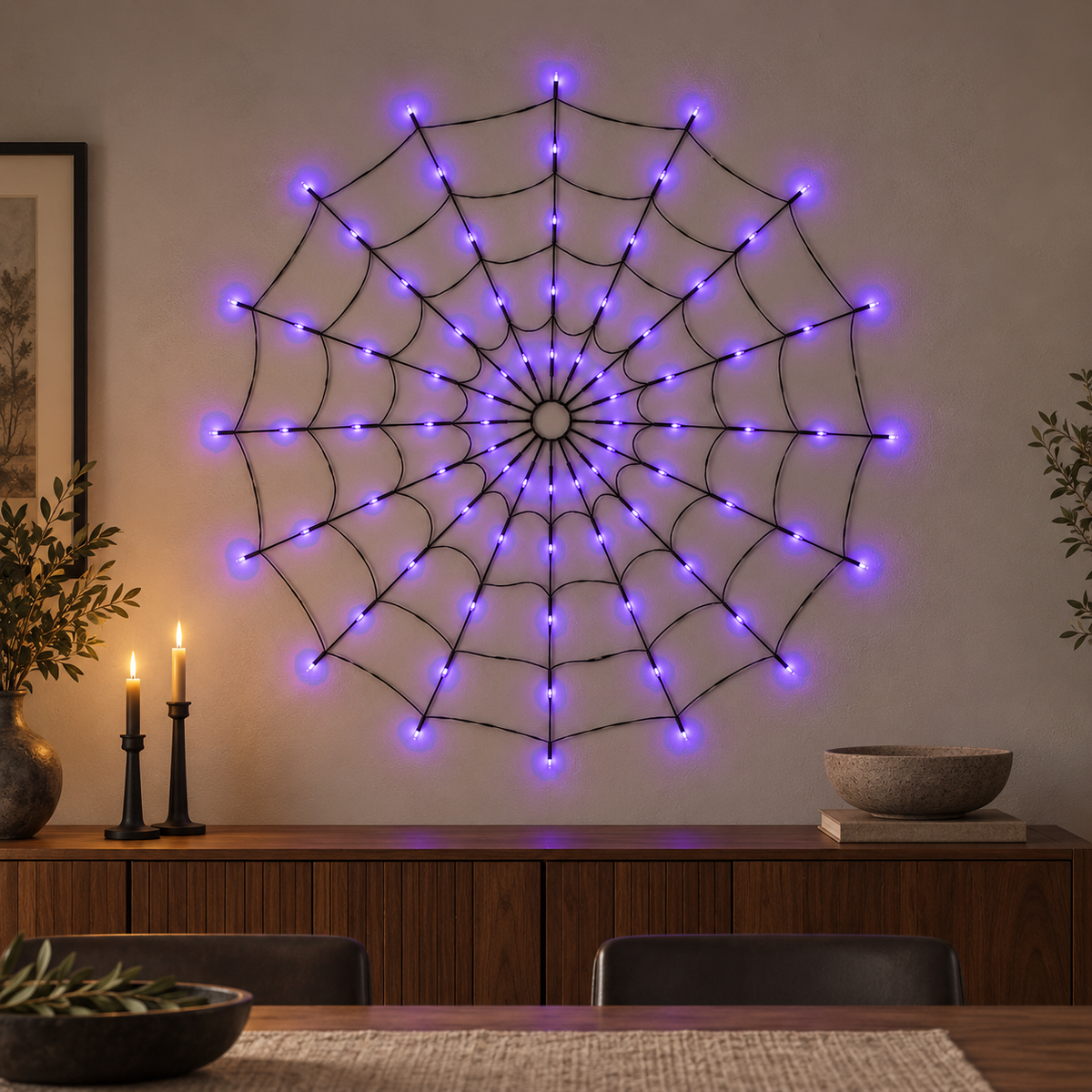 Spider web light glowing purple on a dining room wall above a walnut sideboard in the evening
