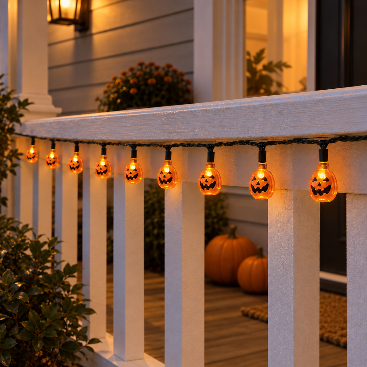 Small orange jack-o'-lantern string lights on a dark green wire, lit and hanging along a white porch railing at dusk