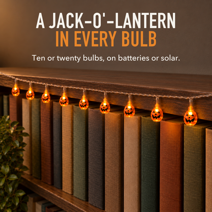 Text image: A jack-o'-lantern in every bulb. Lit orange pumpkin string lights on a clear wire hanging along a walnut bookcase in the evening