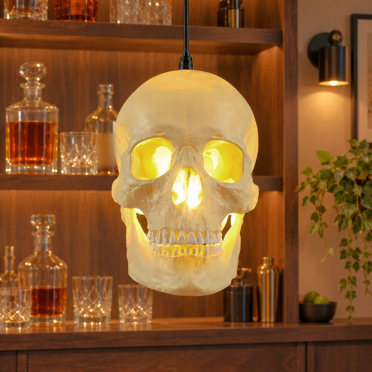 Skull pendant light glowing warm above a home bar, face on, in the evening