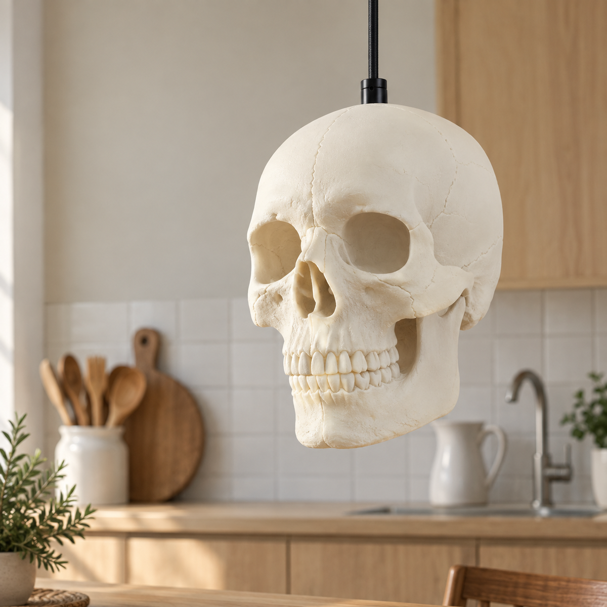 White resin skull pendant light switched off in a bright kitchen in the morning