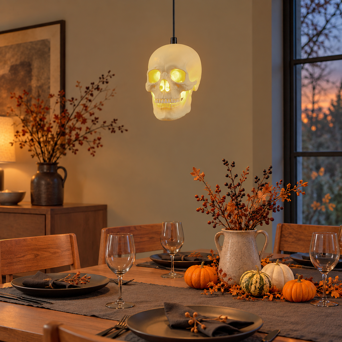 Skull pendant light glowing over a Halloween dinner table set with small pumpkins