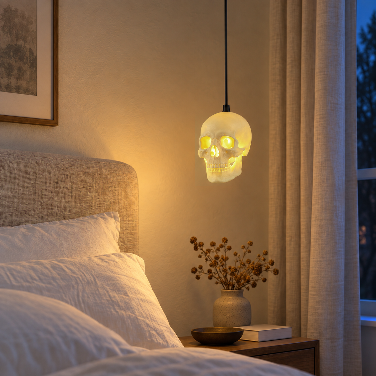 Skull pendant light hanging low beside a bed at night, glowing warm