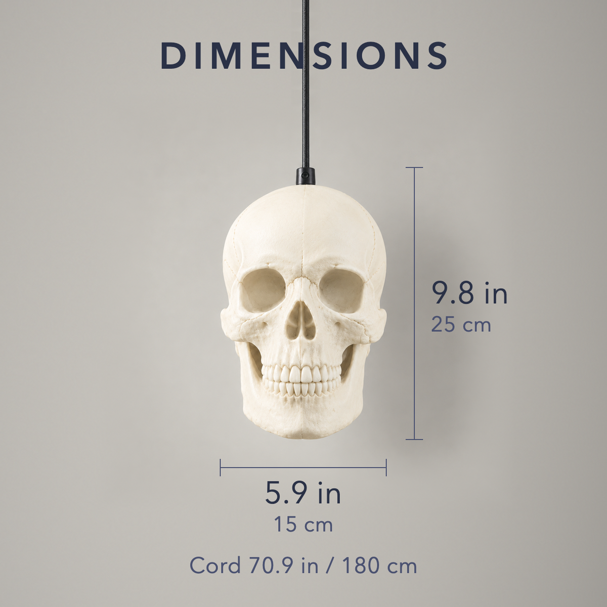 Skull pendant light dimensions, 5.9 in wide and 9.8 in tall, with a 70.9 in cord