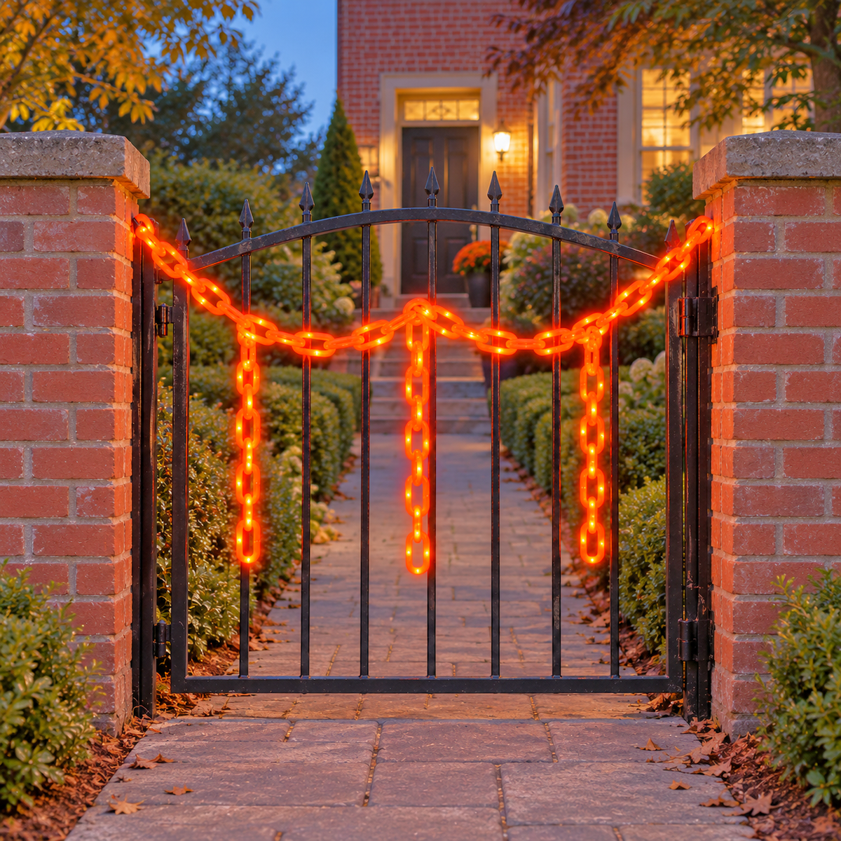 Orange glowing chain lights draped over a black wrought-iron garden gate between brick pillars at dusk