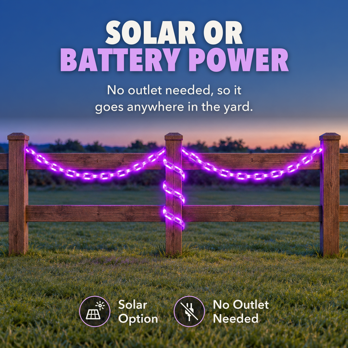 Purple glowing chain light swagged along a wooden garden fence at dusk, with the words Solar or battery power