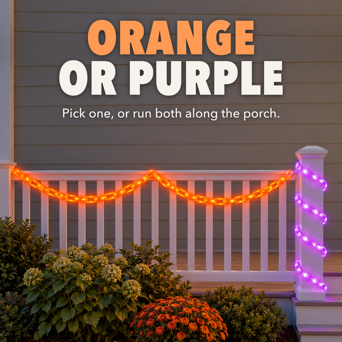 Orange chain light along a porch railing and purple chain light around the newel post, with the words Orange or purple