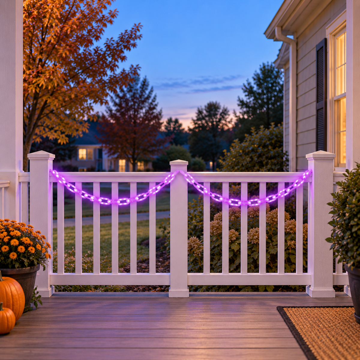 Purple glowing chain lights hanging in two swags along a white porch railing at dusk