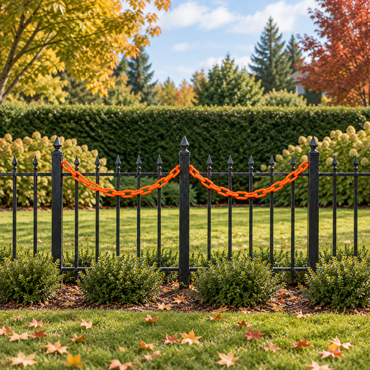 Orange plastic chain lights switched off, hanging along a black iron fence in daylight