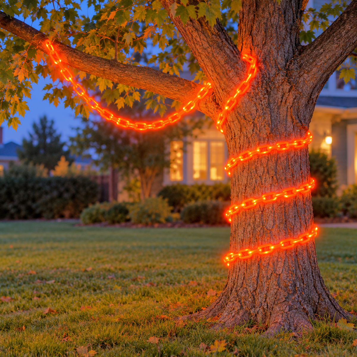 Orange glowing chain lights wound around a tree trunk and draped from a low branch at dusk