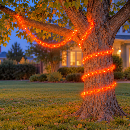 Orange glowing chain lights wound around a tree trunk and draped from a low branch at dusk
