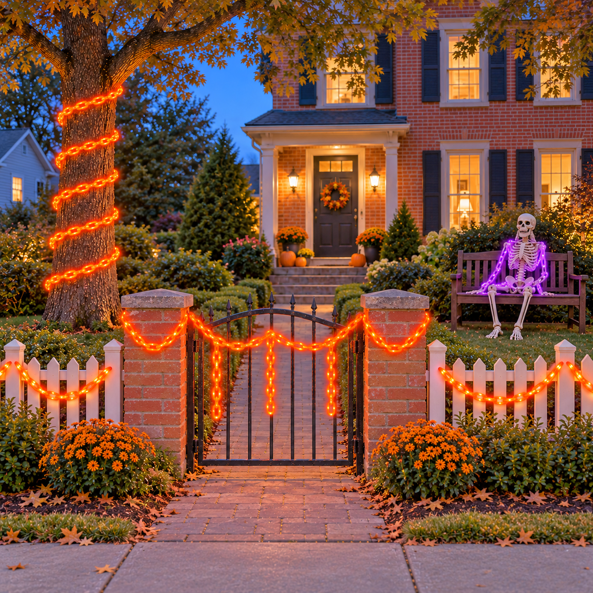 A front garden at dusk decorated with glowing orange chain lights on the gate, fence and tree, and purple chain on a seated skeleton