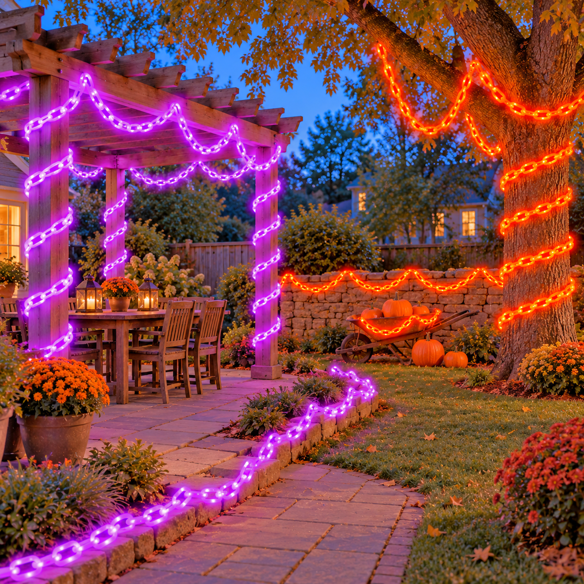 A back garden at dusk decorated with purple chain lights on a pergola and orange chain lights on a tree, a stone wall and a wheelbarrow of pumpkins