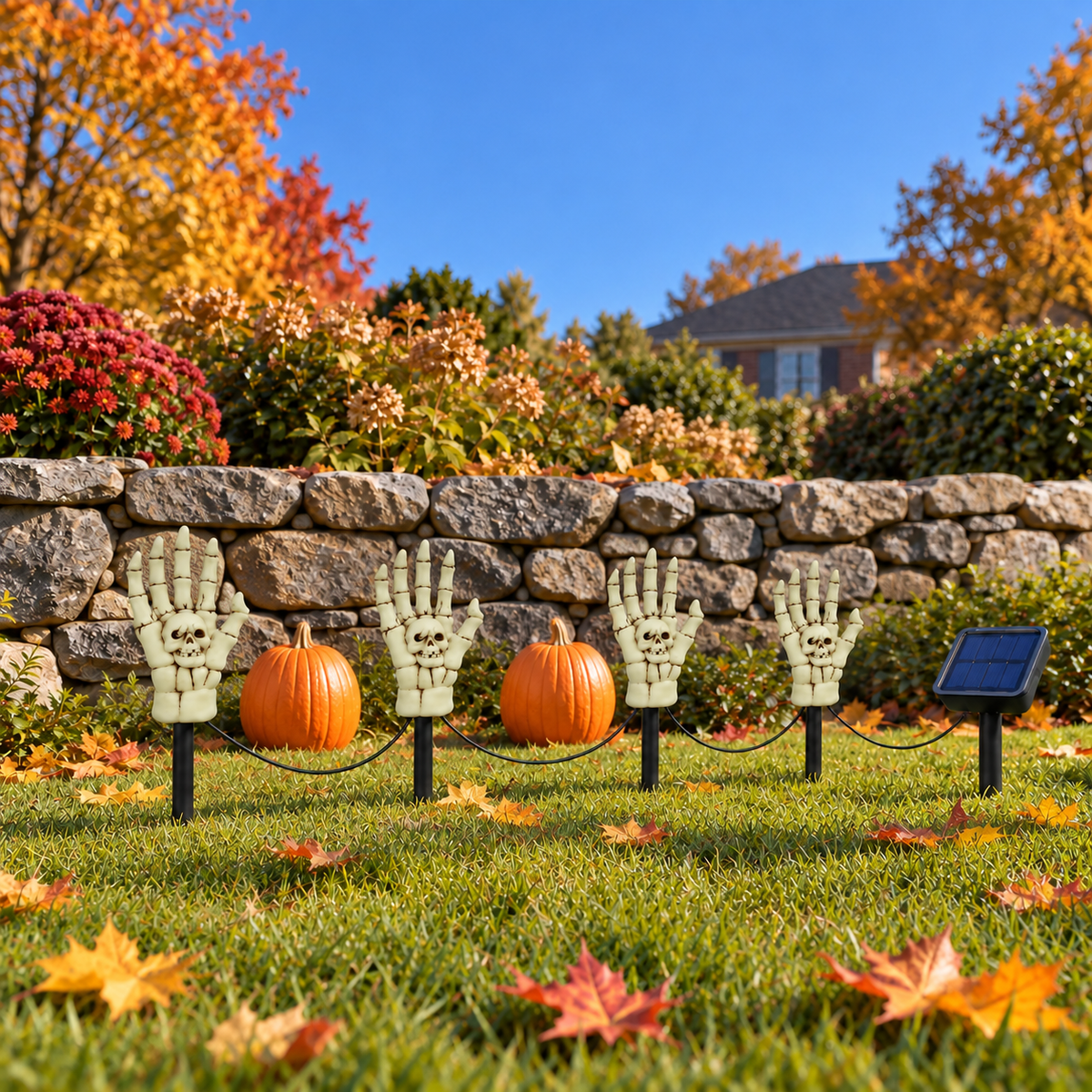 Four bone-colored skeleton hand stake lights switched off in a lawn by a stone wall on a sunny afternoon, with their solar panel