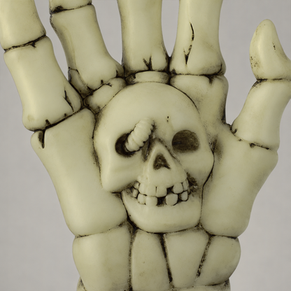 Close-up of the small skull molded into the palm of the skeleton hand, with a grub curling out of one eye socket