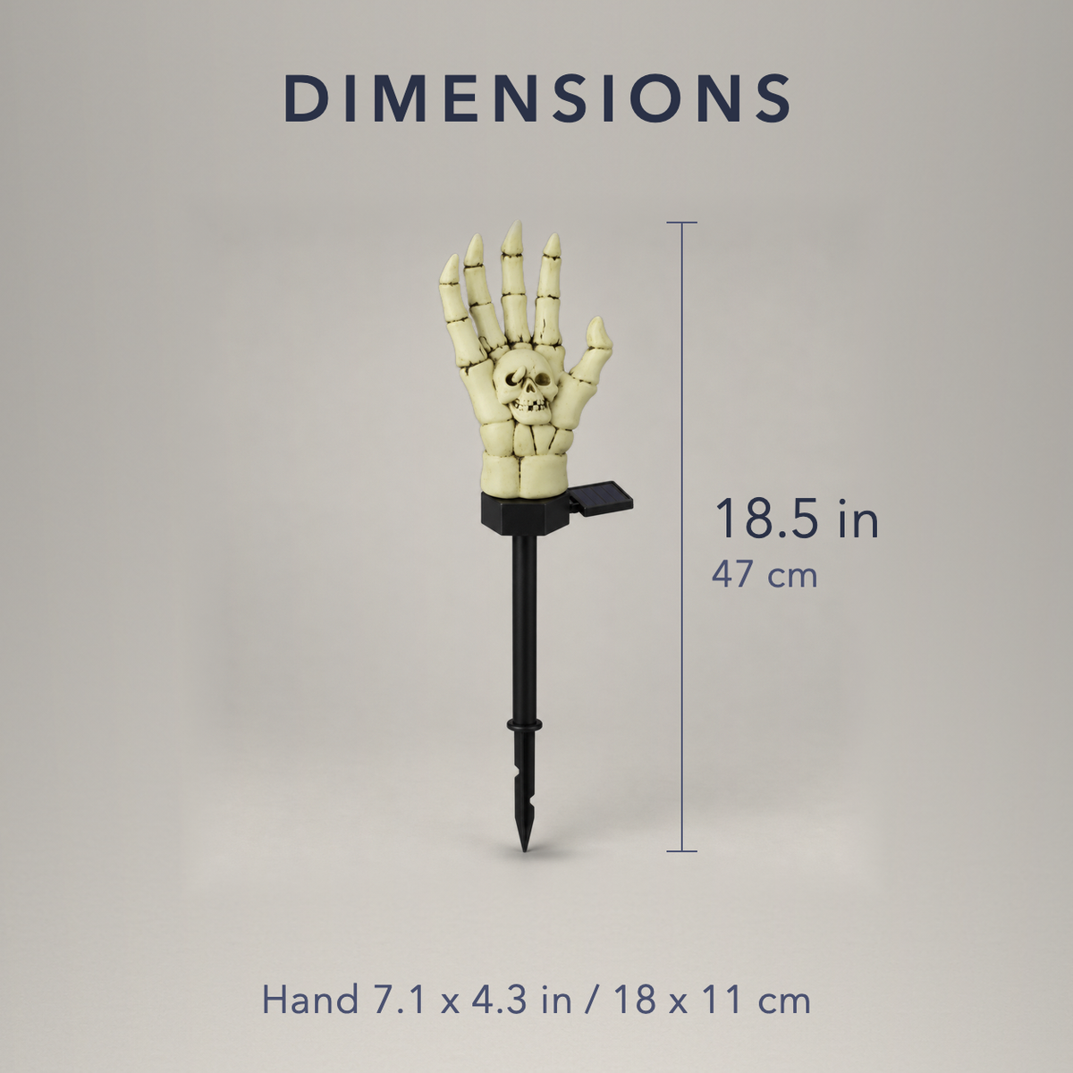 Skeleton hand stake light dimensions, 18.5 in tall, with a hand 7.1 by 4.3 in