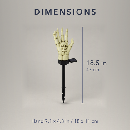 Skeleton hand stake light dimensions, 18.5 in tall, with a hand 7.1 by 4.3 in