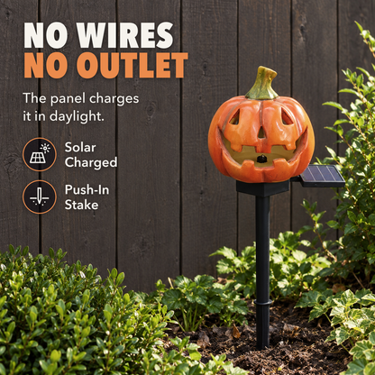 Classic pumpkin stake light in a sunny garden bed with its solar panel beside the head, with the words No wires, no outlet