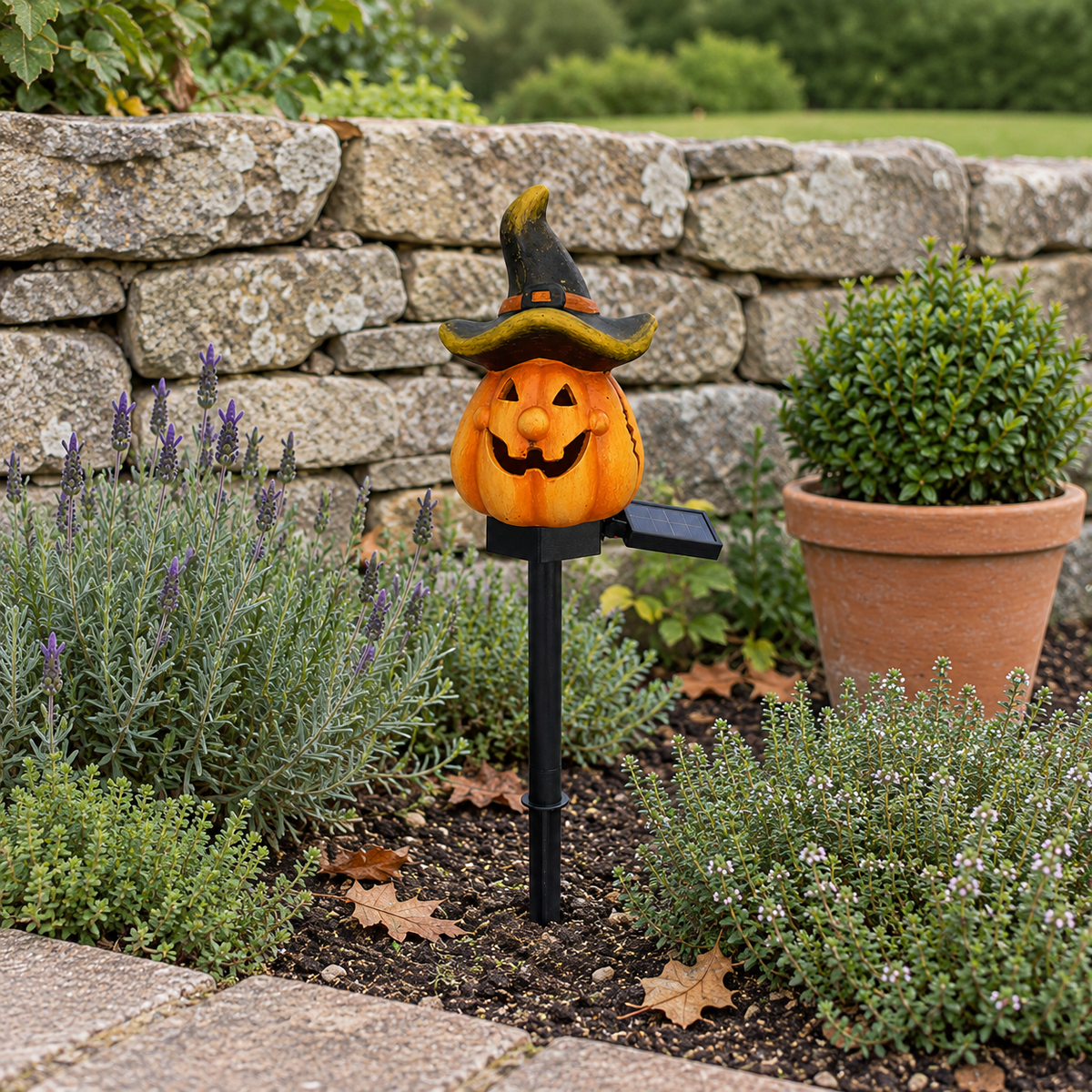 Witch Hat pumpkin stake light switched off in a lavender bed in front of a low stone wall in daylight