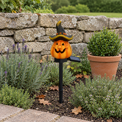 Witch Hat pumpkin stake light switched off in a lavender bed in front of a low stone wall in daylight