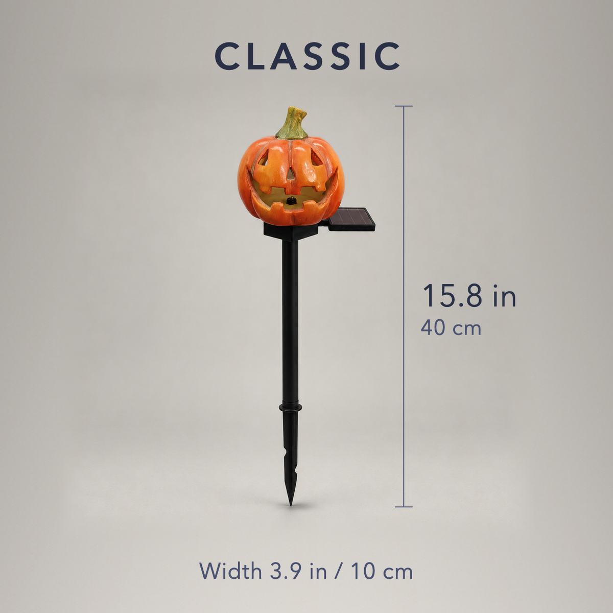 Classic pumpkin stake light dimensions, 15.8 in tall overall and 3.9 in wide