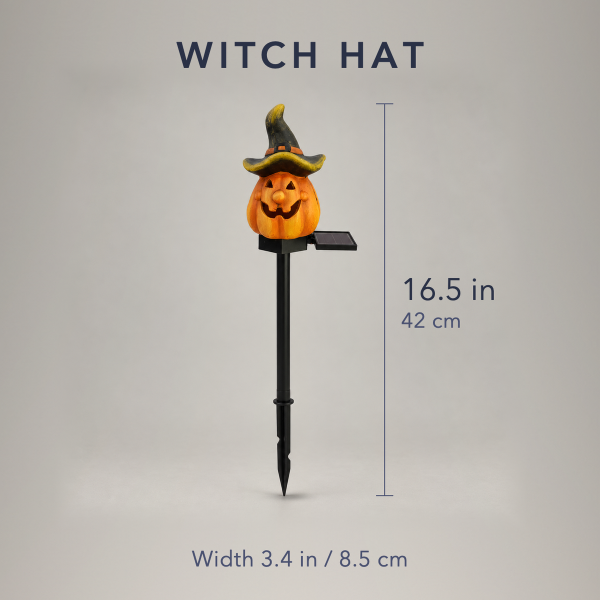 Witch Hat pumpkin stake light dimensions, 16.5 in tall overall and 3.4 in wide