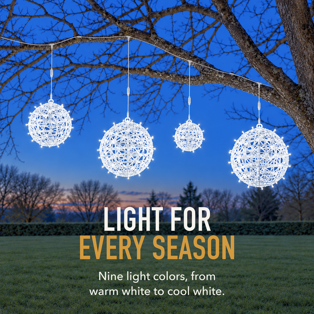 Text image: Light for every season. Four cool white LED ball lights hanging in a bare winter tree at dusk above a garden lawn
