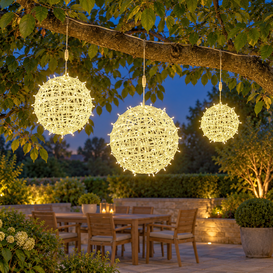 Three warm white LED ball lights in small, medium and large, hanging from a garden tree above a stone terrace at dusk