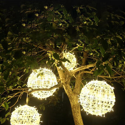 Four warm white LED ball lights in two sizes hanging among the branches of a tree at night