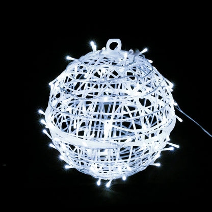 A cool white LED ball light on a black background, showing its woven strips and hanging loop