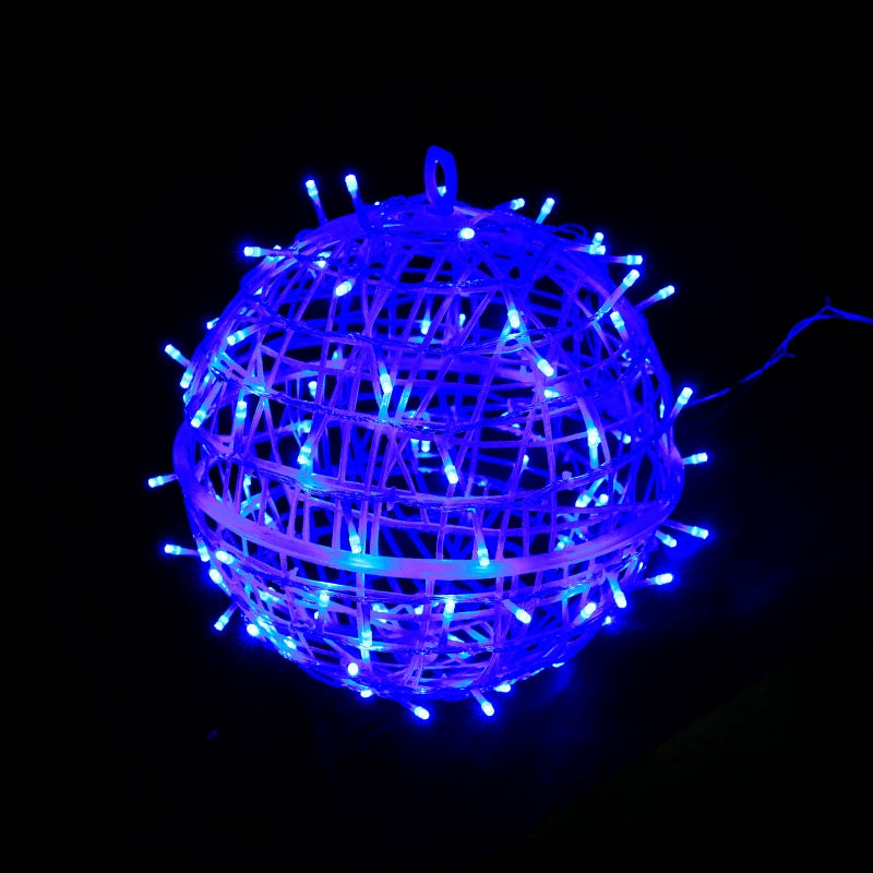 A blue LED ball light on a black background, showing its woven strips and hanging loop