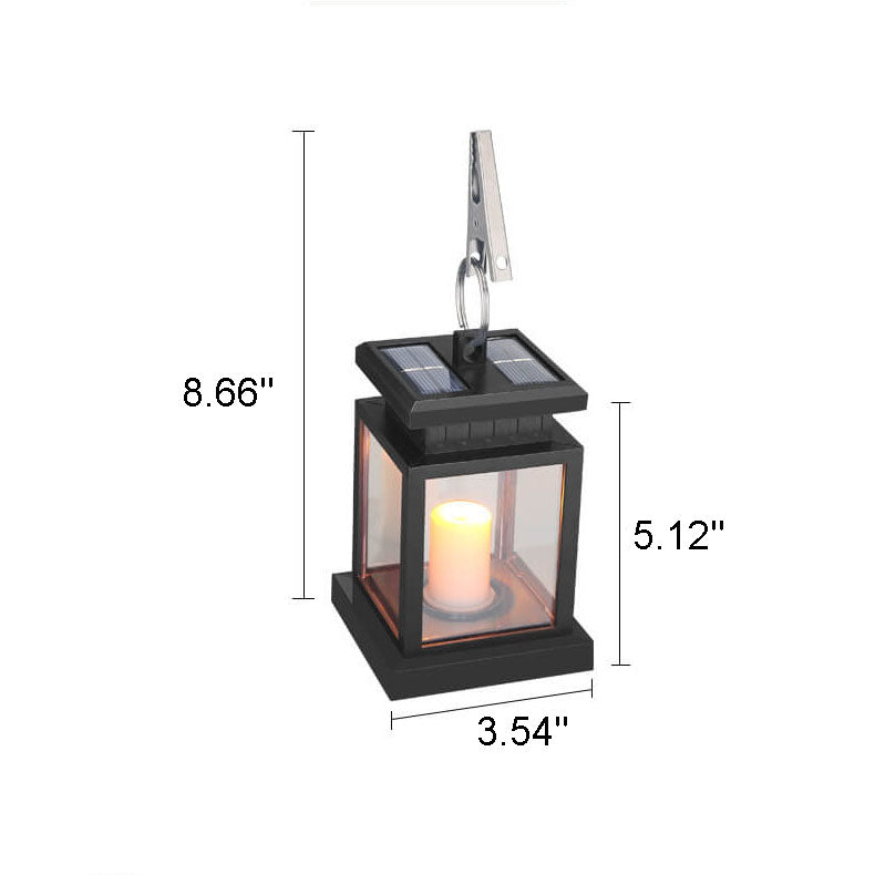 Solar candle lantern dimensions: 8.66 inches tall with the clip, 5.12 inches lantern height, 3.54 inches wide