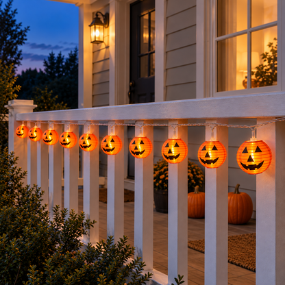Round orange lantern string lights with black jack-o'-lantern faces, lit and hanging along a white porch railing at dusk