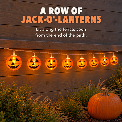 Lit orange jack-o'-lantern string lights hanging along a dark wooden garden fence at dusk, with the words A row of jack-o'-lanterns